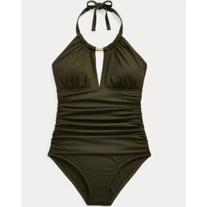 Lauren Ralph Lauren High-Neck One-Piece Olive Green Ruched Women's 16